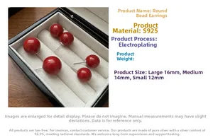 Detailed size comparison of red S925 sterling silver ball earrings in 12mm 14mm 16mm
