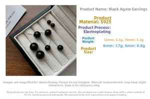 Detail view of S925 silver black onyx stud earrings in sizes 6mm to 12mm with box