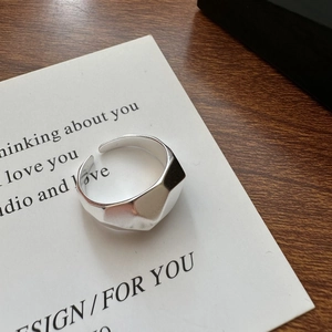 S925 sterling silver geometric matte wide ring with minimalist faceted design for women