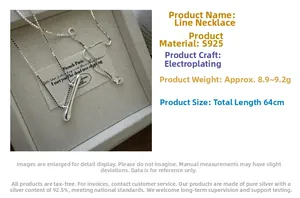 Macro detail of S925 sterling silver liquid necklace with 64cm long chain and bar pendant