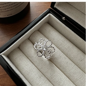 Macro shot of S925 sterling silver flower ring with zircon in a jewelry box