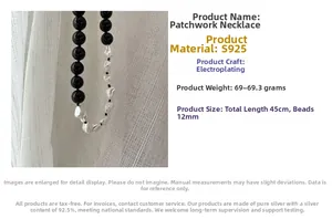 Detail of 45cm S925 silver necklace with black agate beads and irregular pearls