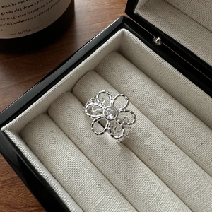 925 Sterling Silver Hollow Flower Adjustable Open Ring For Women Simple Elegant Rhinestone Floral Finger Ring Korean Fashion Jewelry