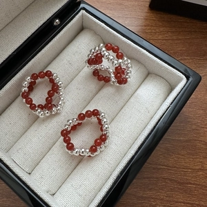 S925 sterling silver New Year red beaded ring set with vintage minimalist cross design