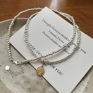 925 Sterling Silver Beaded Necklace For Women Retro Coin Pendant Rhinestone Bicolor Korean Style Fashion Clavicle Chain Jewelry