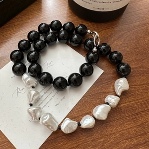 S925 Sterling Silver Black Agate Artificial Baroque Pearl Necklace For Women Irregular Color Block Korean Style Choker Party Jewelry