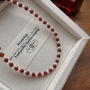 S925 silver necklace with red agate and white pearls for a retro festive look