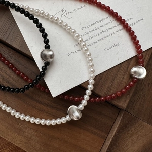 Elegant S925 Sterling Silver Beaded Necklace Cat Eye Stone Imitation Artificial Pearl Agate Clavicle Chain For Women Jewelry Gift