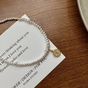 Minimalist S925 sterling silver beaded necklace with vintage gold coin pendant