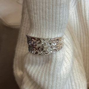 Minimalist S925 sterling silver wide cuff bracelet with hammer pattern on white sweater