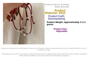 Detail view of the red braided S925 silver bracelet with adjustable size parameters