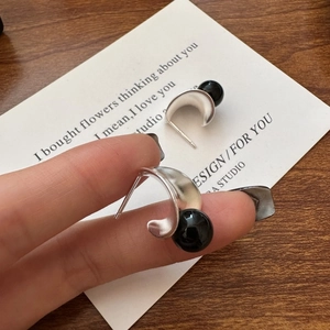 925 Sterling Silver Black Onyx Hoop Earrings For Women Minimalist Matte C-Shape Korean Fashion Jewelry Earring Stud Gift