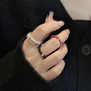 Three-piece set of minimalist S925 sterling silver beaded rings in white and brown