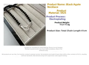 Detail of S925 sterling silver black agate beaded necklace showing clasp and 41cm length