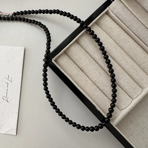 Minimalist S925 sterling silver beaded black agate necklace for women in elegant jewelry box