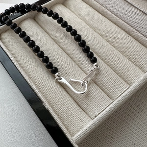 S925 sterling silver black onyx beaded necklace with polished lobster clasp closure