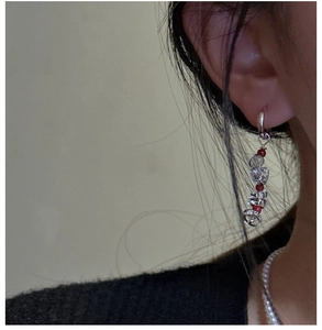 Close-up of handmade S925 silver beaded earrings with clear crystals and red beads on model