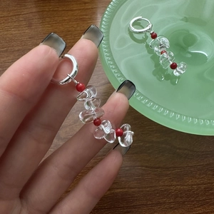 S925 Sterling Silver Handmade Dangle Earrings With Irregular White Crystal And Red Beads Korean Style Jewelry For Women
