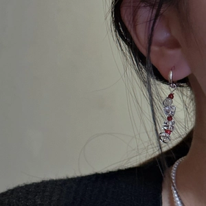 Handmade S925 silver beaded drop earrings with clear faceted crystals and red accent beads