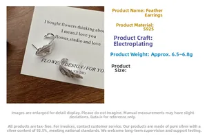 Detailed view of S925 sterling silver feather earrings with textured electroplated finish