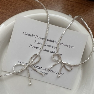 925 Sterling Silver Bowknot Pendant Necklace For Women Minimalist Dainty Nugget Chain Jewelry Elegant Korean Style Accessories