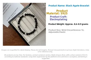 Detail of S925 sterling silver beads and black agate stretch bracelet with product specs