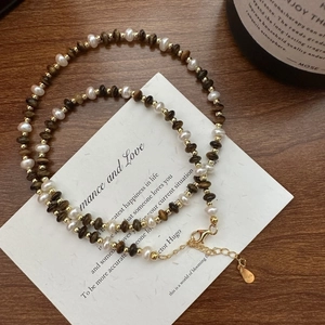 Collier Et Bracelet En Künstliche Perles Avec Argent Sterling 925 Künstliche Perle Naturelle Pierre Oeil De Tigre Rétro Français Luxe