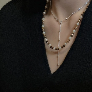 Collier double rang en argent S925 avec perles d'eau douce et pierre œil de tigre