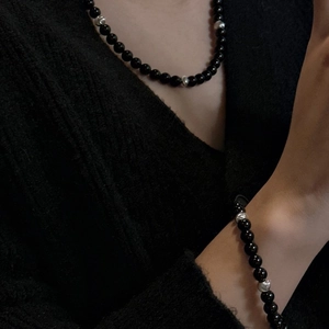 Minimalist S925 sterling silver necklace and bracelet set with black onyx beads
