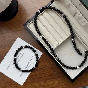 S925 sterling silver black onyx bead necklace and bracelet set with silver spacers