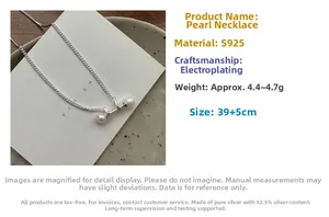 Detail of S925 silver pearl necklace with 39+5cm chain length and barbell pendant