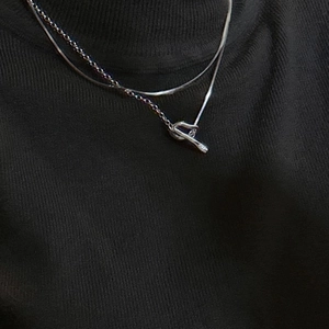 Minimalist S925 sterling silver double layer necklace with OT buckle on black knitwear
