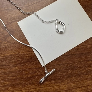 S925 sterling silver asymmetrical OT buckle necklace with snake and link chain texture