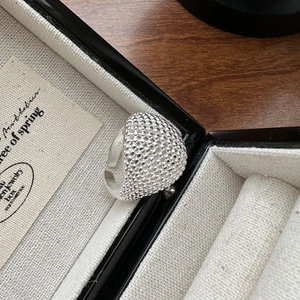 Minimalist S925 sterling silver open ring with textured bead design and adjustable band
