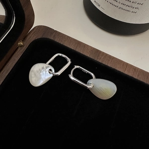 Detailed view of S925 silver earrings with irregular white mother-of-pearl insets
