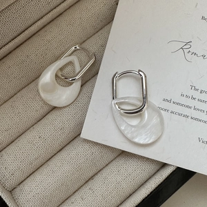 Macro view of minimalist S925 silver earrings featuring teardrop mother of pearl pendants