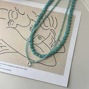S925 sterling silver layered necklace with sky blue beads and clear crystal pendant