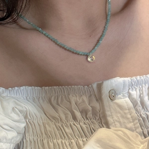 S925 Sterling Silver Mint Green Beaded Necklace with Crystal Pendant for Women