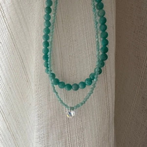 Detail of S925 silver double-layered beaded necklace with mint green stones and crystal