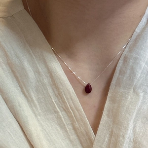 S925 sterling silver necklace with teardrop red gemstone pendant on minimalist box chain