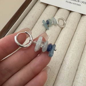 S925 Sterling Silver Blue Irregular Natural Stone Dangle Hoop Earrings Handcrafted Minimalist Niche Design Jewelry For Women