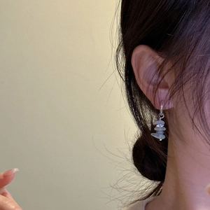 S925 sterling silver drop earrings featuring triple stacked raw grey stone pendants