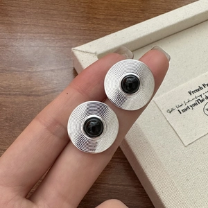 925 Sterling Silver Black Agate Stud Earrings For Women Retro French Spiral Circle Textured Round Geometric Vintage Ear Jewelry