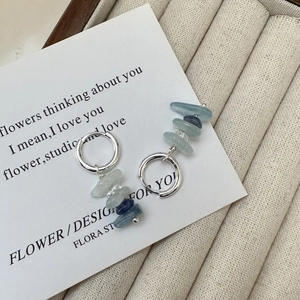 Minimalist S925 sterling silver hoop earrings with irregular blue stone pendants