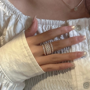 S925 sterling silver multi-layer beaded stackable ring with a textured wide band design