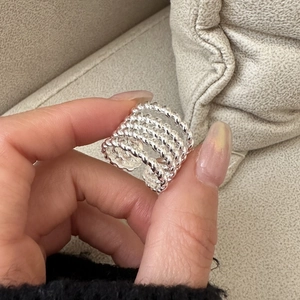S925 sterling silver multi-layer braided twist open ring with adjustable wide band design