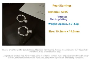 Macro shot of S925 silver pearl huggie earrings with technical size specifications