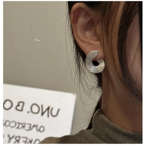 Macro detail of S925 sterling silver fan-shaped earrings with spiral textured finish