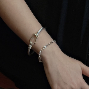 S925 sterling silver horseshoe U-shaped cable bangle and chain bracelet stack set