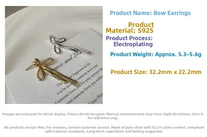 Detailed view of S925 sterling silver bow earrings with plated gold and silver finish